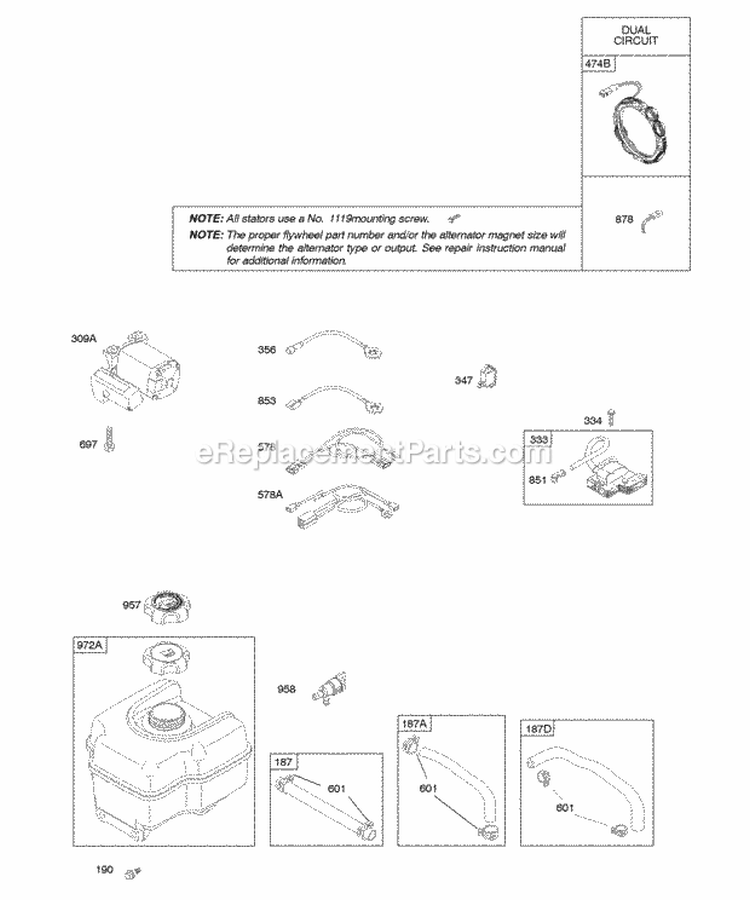 Alternator Electric Starter Fuel Supply Ignition Diagram and Parts List for 21A113-0254-E1  Briggs and Stratton Engine
